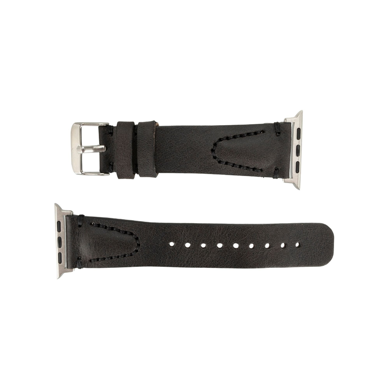 Black leather Apple Watch band with metal buckle and rows of adjustment holes