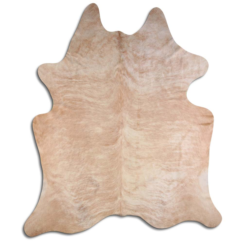 Beige brindle cowhide rug with natural hair texture, irregular shape