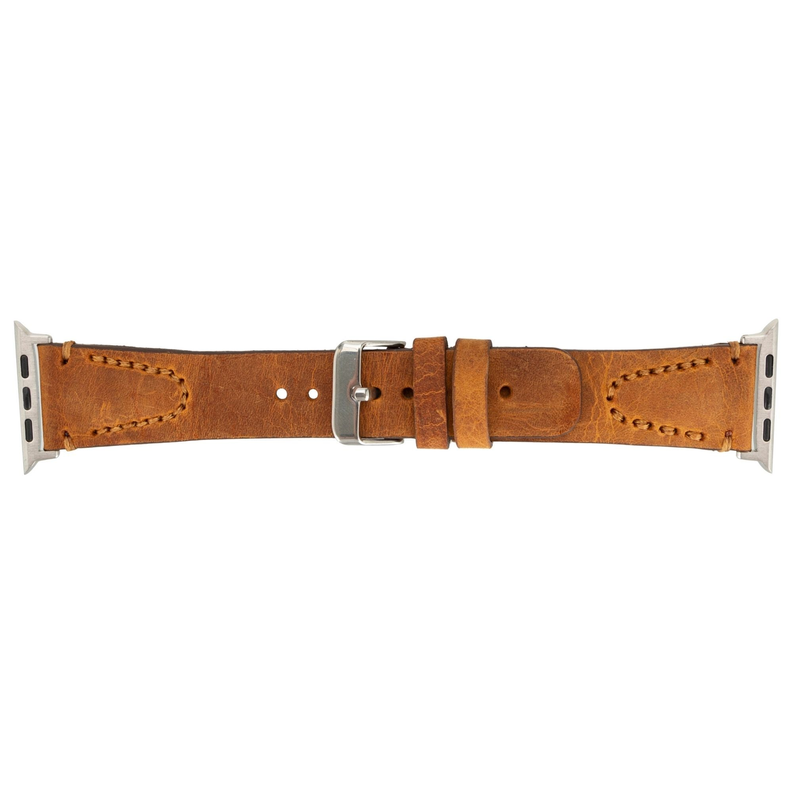 Brown leather Apple Watch band with metal buckle, stitched ends, and mounting holes.
