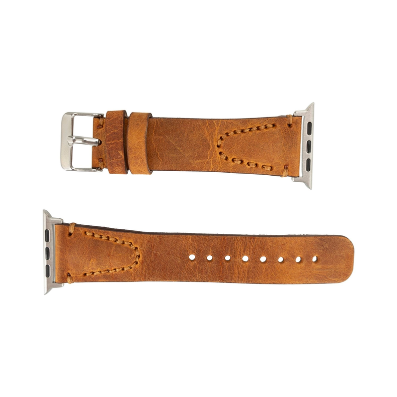 Brown leather Apple Watch band shown flat, with perforated holes and metal ends.