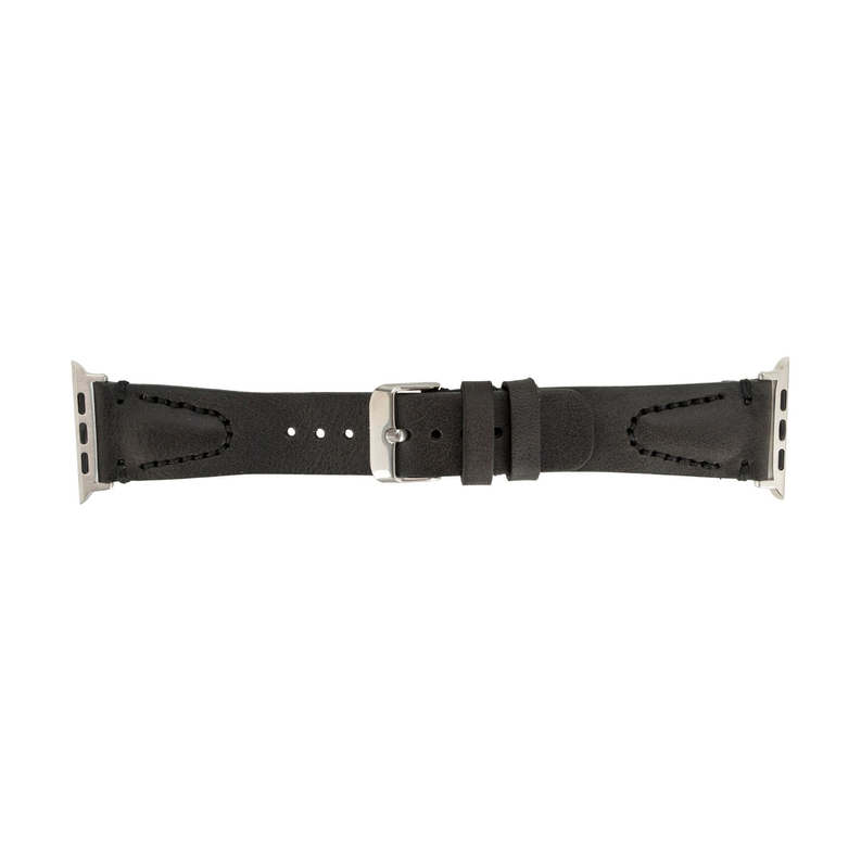 Black leather Apple Watch band with silver buckle and multiple sizing holes