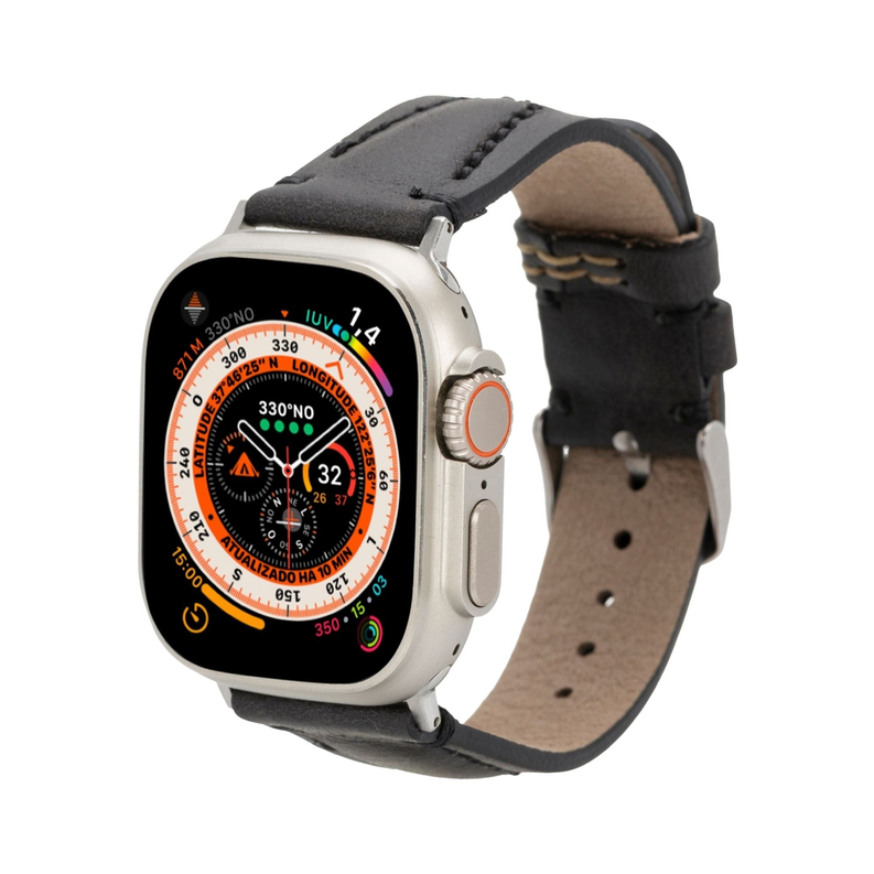 Black leather Apple Watch band with silver buckle on smartwatch, front view