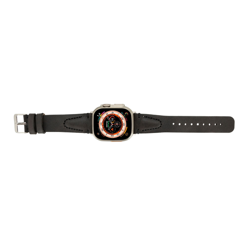 Black leather watch band with silver buckle and colorful watch face
