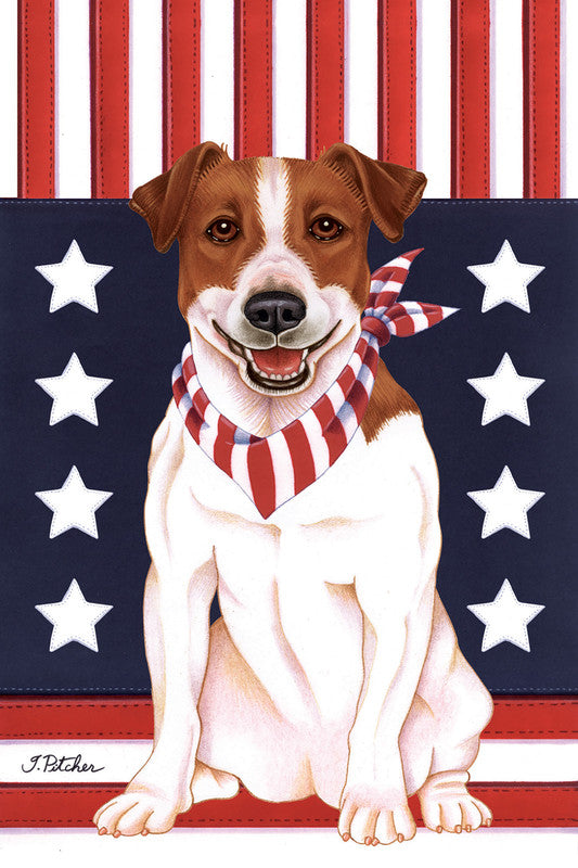 Navy garden flag with brown-and-white dog and red striped bandana, white stars