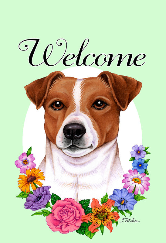 Garden flag with brown-and-white dog portrait, colorful flowers, and “Welcome” text