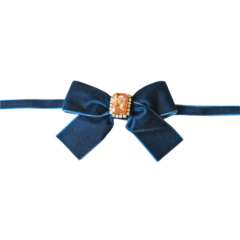 Royal blue velvet bow necklace with square rhinestone center
