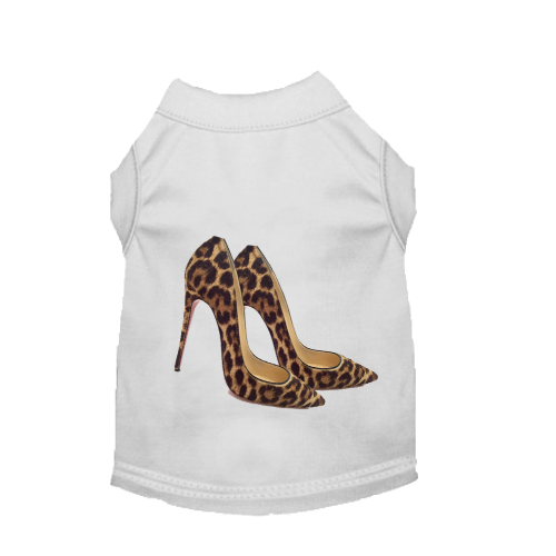 White pet dress with sleeveless cut and leopard-print high-heel graphic on front
