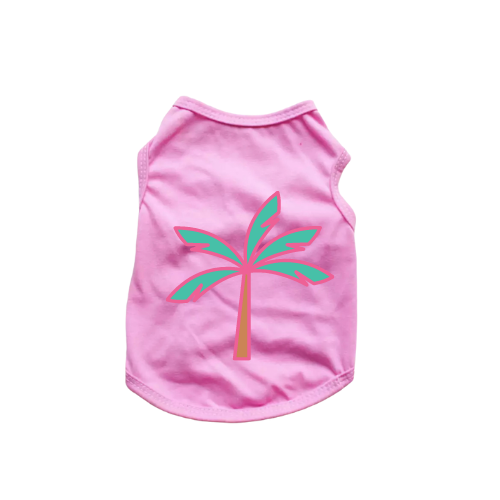 Pink palm tree graphic tank top with sleeveless crew neck and ribbed trim