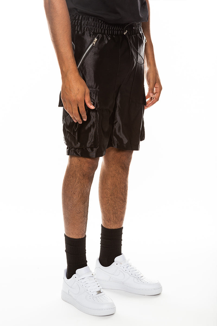 Black satin cargo shorts with drawstring waist and cargo pockets