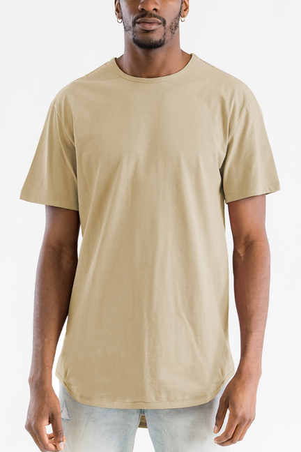 Classic scallop tee: tan crewneck short-sleeve T-shirt with curved hem