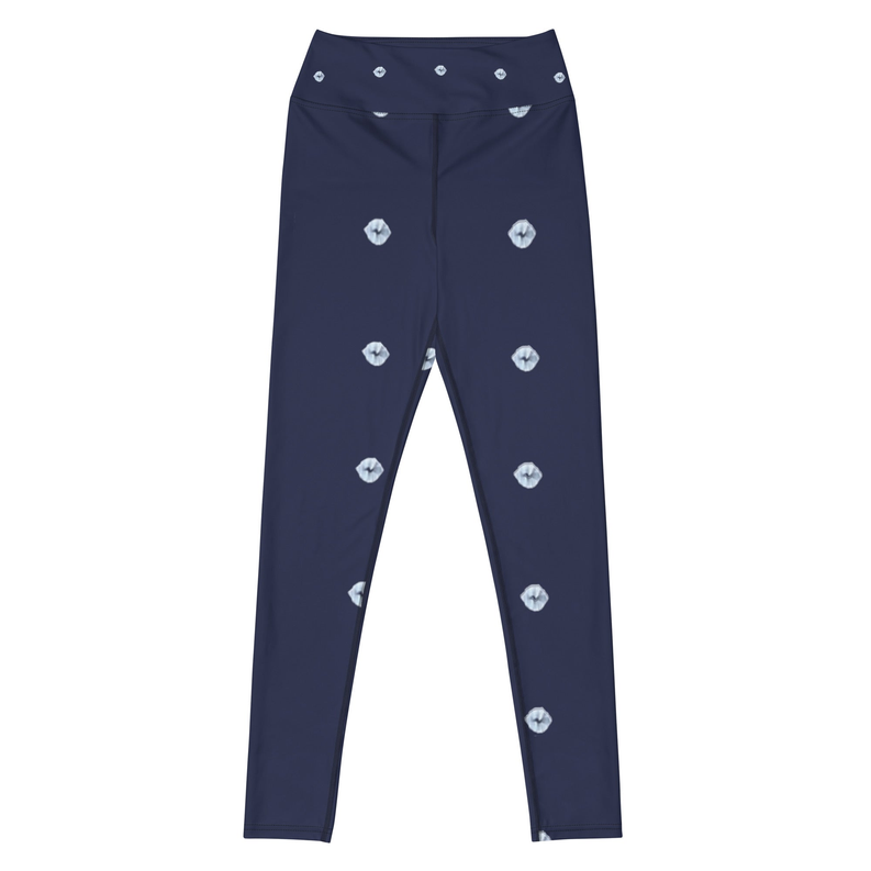 Indigo blue high-waist yoga leggings with allover light emblem pattern