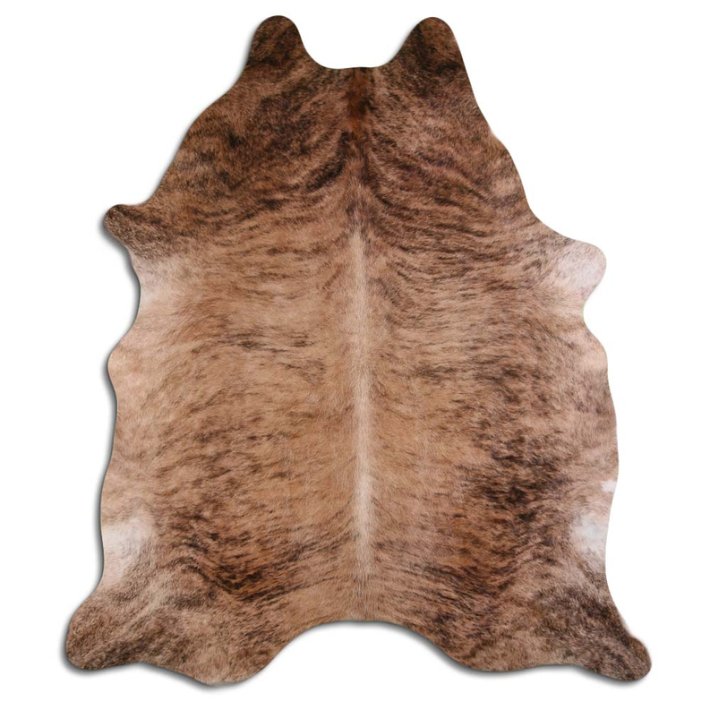 Brindle cowhide rug with beige and brown mottled fur pattern
