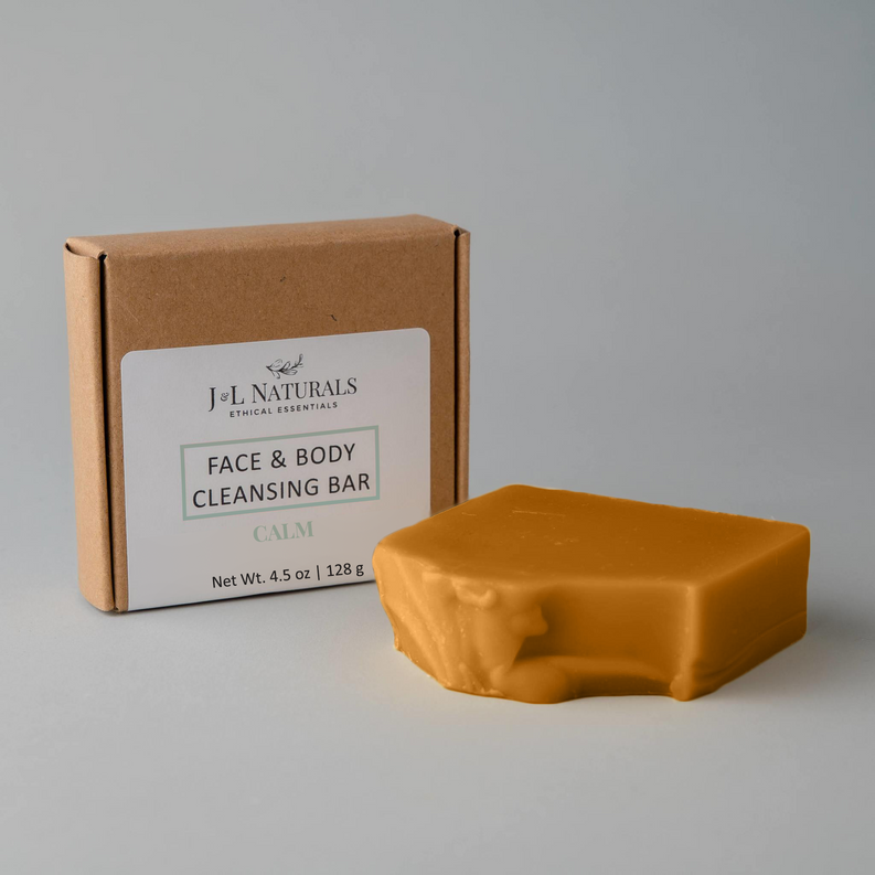 Face & body cleansing bar, golden soap block with Calm box