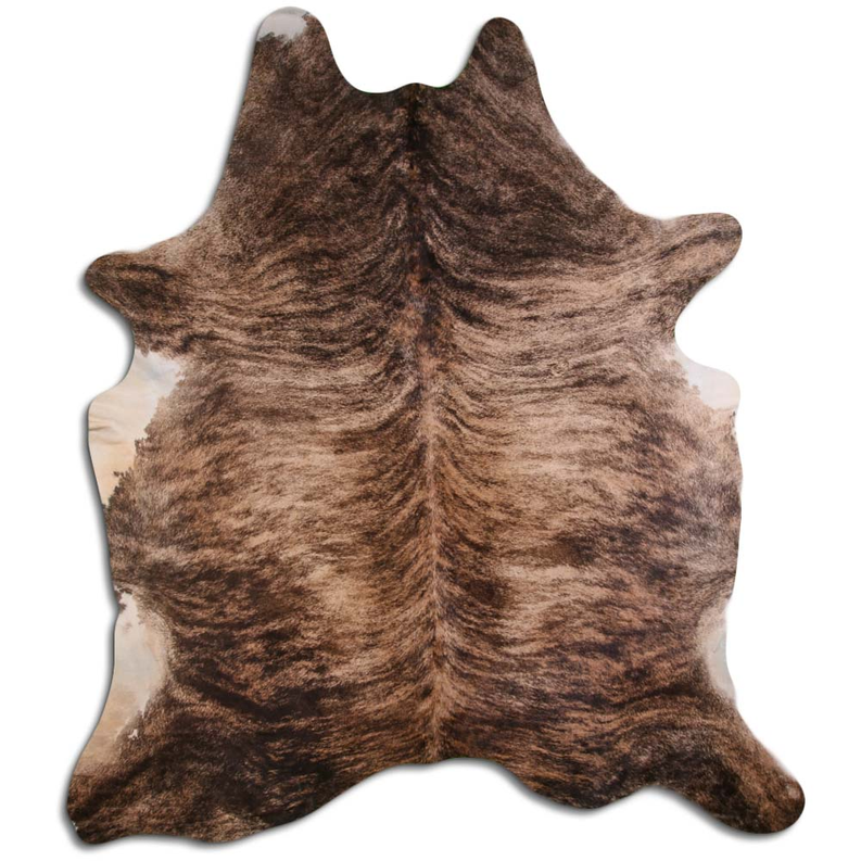 Brindle cowhide rug with natural hair, irregular beige and dark brown patches