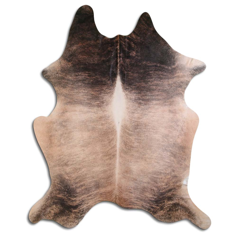 Hair-on cowhide rug, beige and dark brindle pattern, irregular hide shape