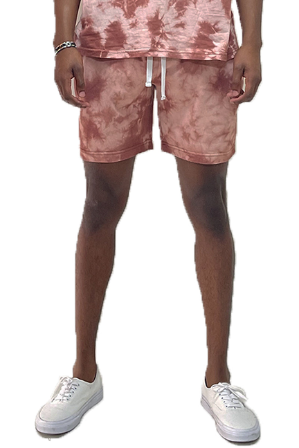 Men's ginger splatter tie-dye shorts with white drawstring and side pockets