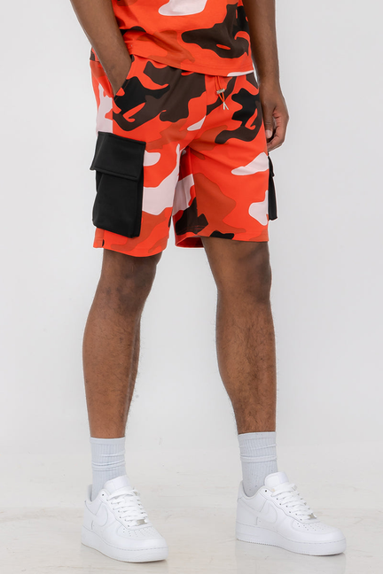 Red camouflage toggle shorts with black side pocket