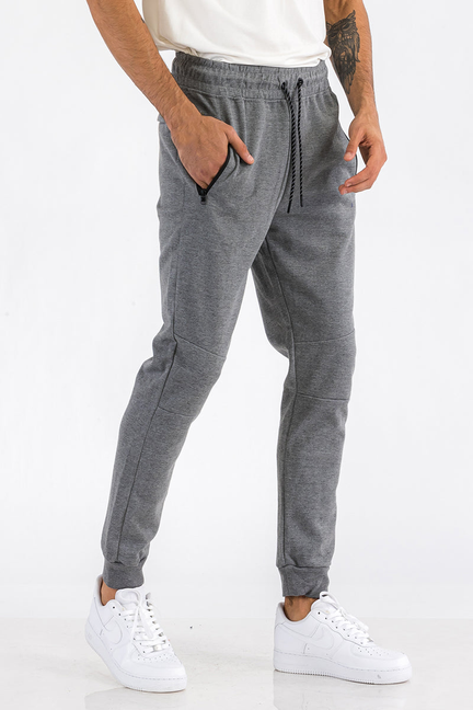 Charcoal heathered cotton sweatpants with drawstring waist and cuffed tapered legs