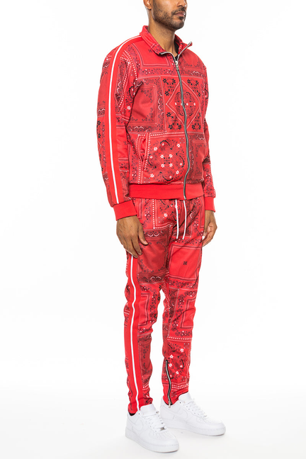 Red paisley all-over print track jacket and matching pants set