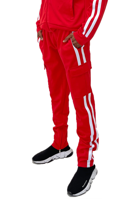 Red cargo pants with two white side stripes and pocketed legs