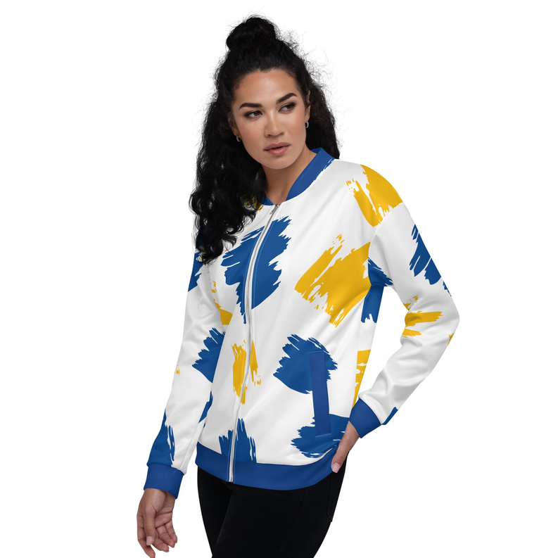 Unisex bomber jacket, white with blue/yellow splash print, front zip and ribbed cuffs