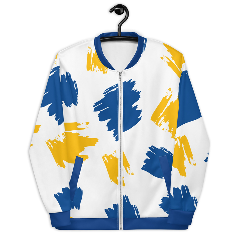 Unisex bomber jacket on hanger, white with blue and yellow splash print, front zip