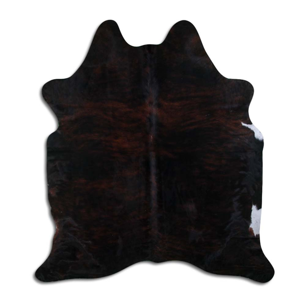 Medium brindle cowhide hide with natural hair, irregular shape, dark brown and black