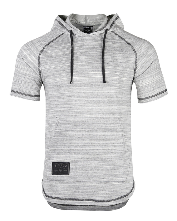 Heather gray short-sleeve raglan hoodie with contrast sleeves, hood drawstrings, curved hem