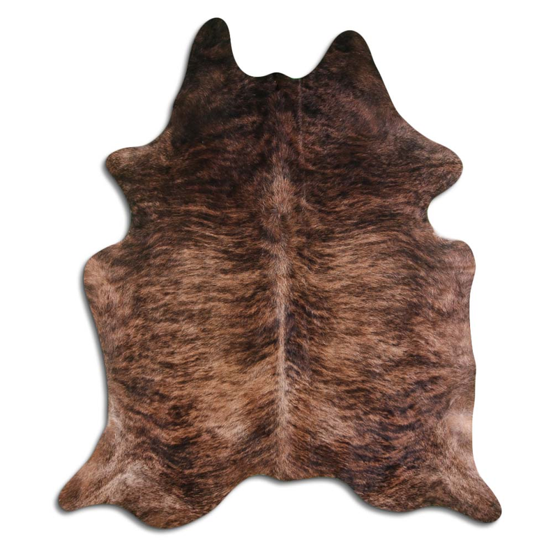 Hair-on cowhide rug, mottled brown and tan brindle, irregular hide shape