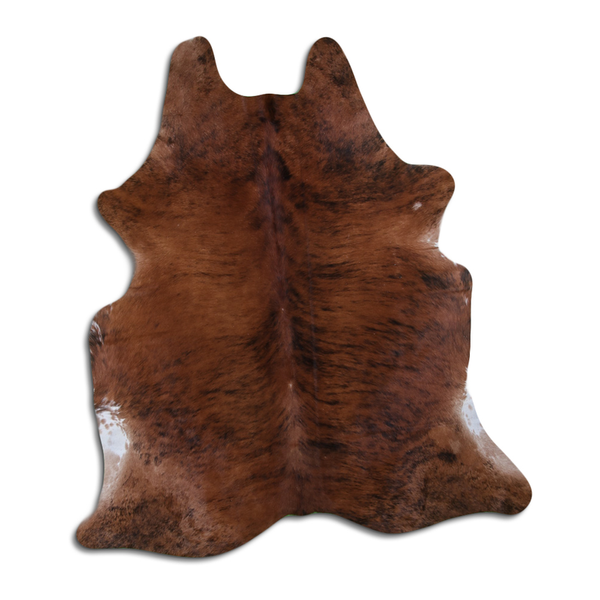Brindle cowhide area rug with natural hair, irregular hide shape