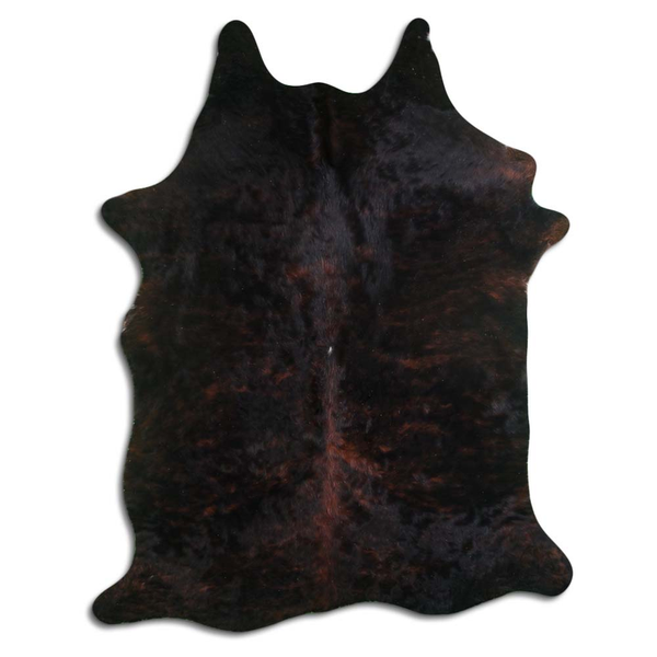 Natural cowhide hair rug, irregular medium brindle dark brown and black hide