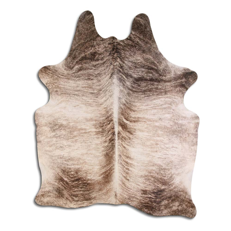 Cowhide rug with natural hair, beige and dark brindle mottling, irregular shape