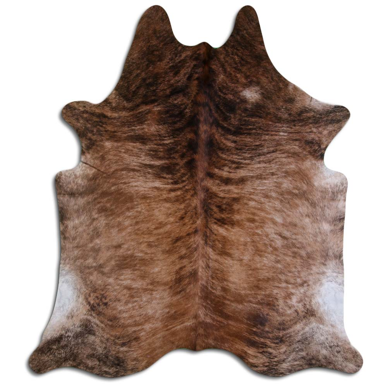 Cowhide rug with beige and dark brown brindle hair-on hide pattern