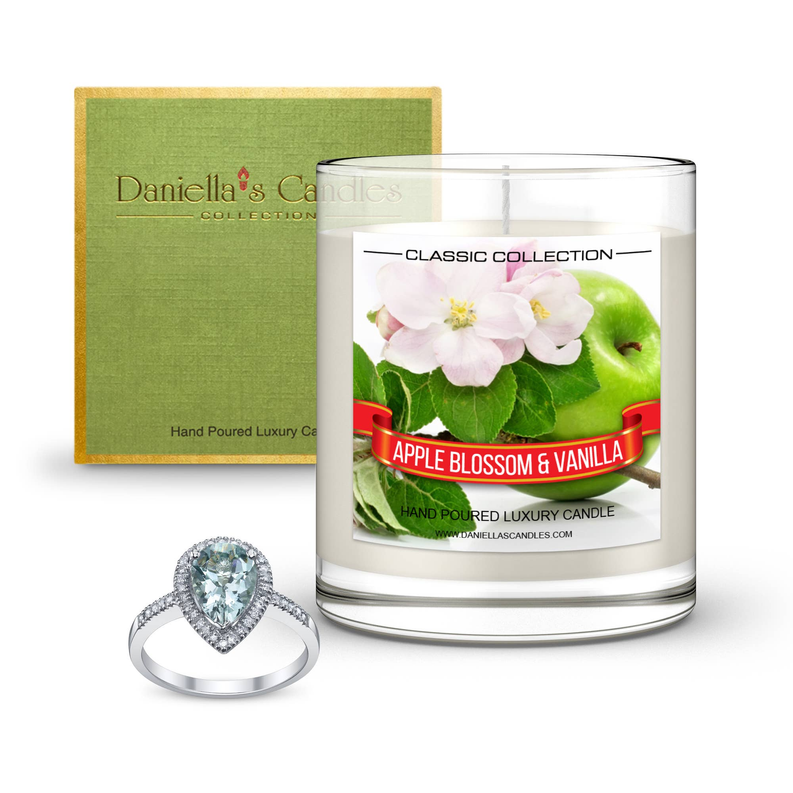 Jewelry candle in clear jar with floral label and silver heart ring, with green card