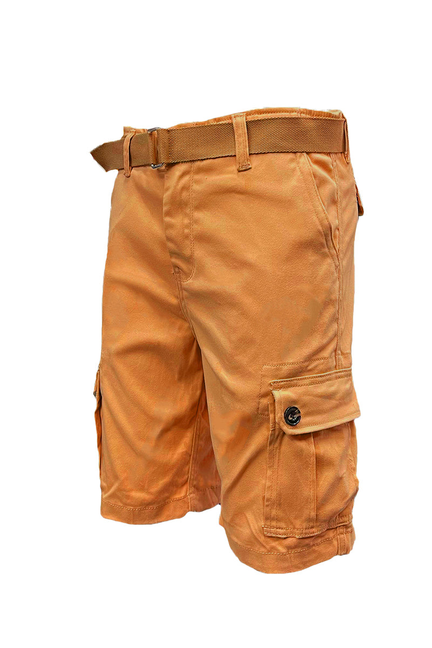 Rust belted cargo shorts with belt loops and flap cargo pockets