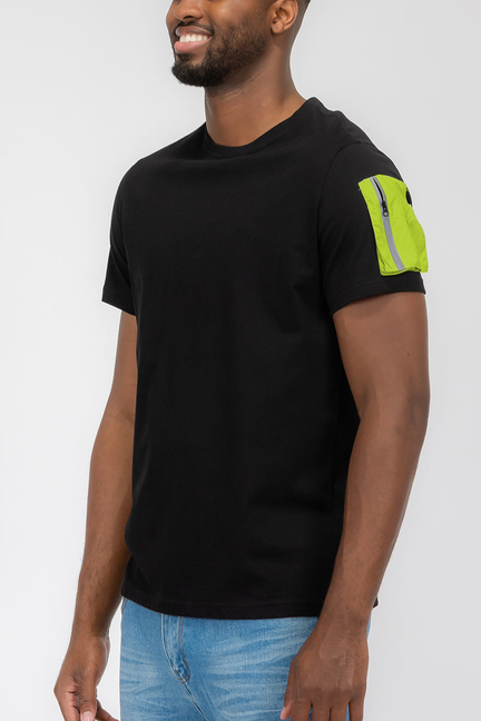 Black crew-neck side-pocket tee with bright lime accent on sleeve