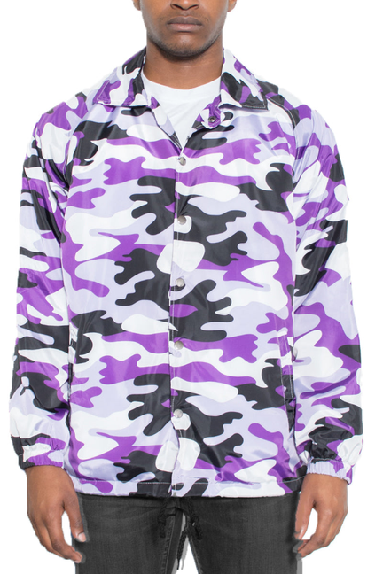 Purple, black, and white camo coach's jacket with button-front and stand collar