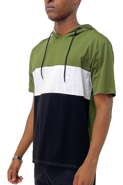 Hooded t-shirt with olive green, white, and navy color block; drawstring hood