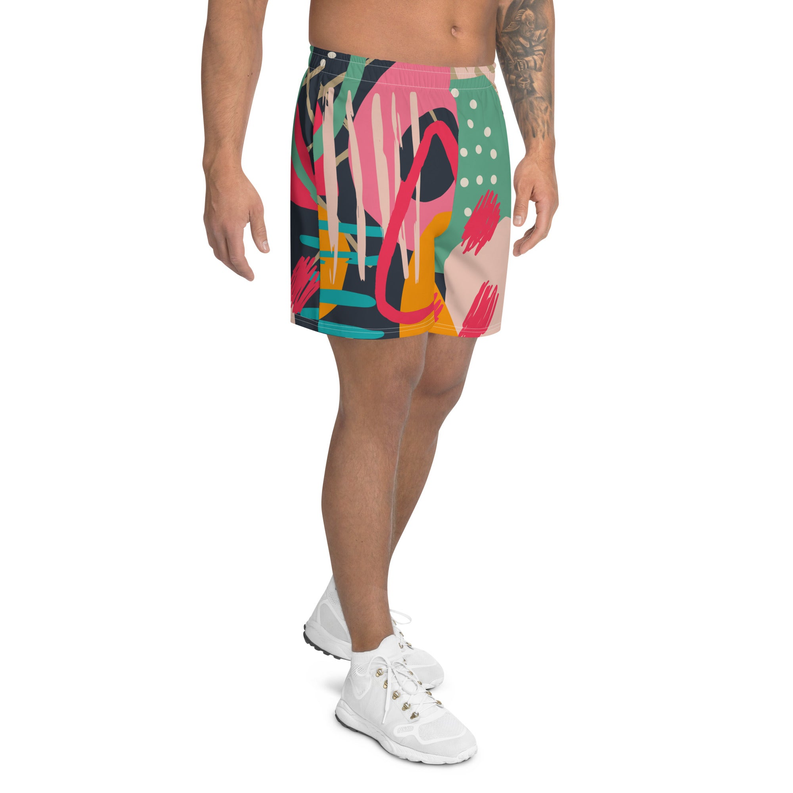 Men's athletic shorts with colorful abstract paint-stroke print and elastic waistband