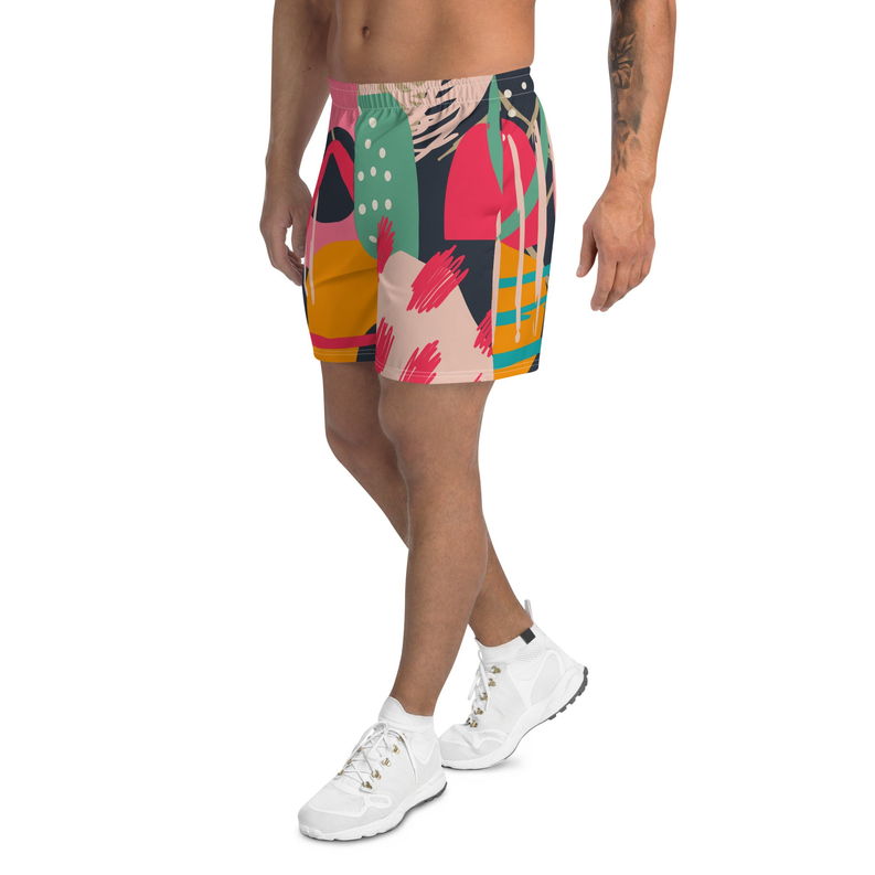 Men's athletic shorts, abstract multicolor block and brush print, elastic waist