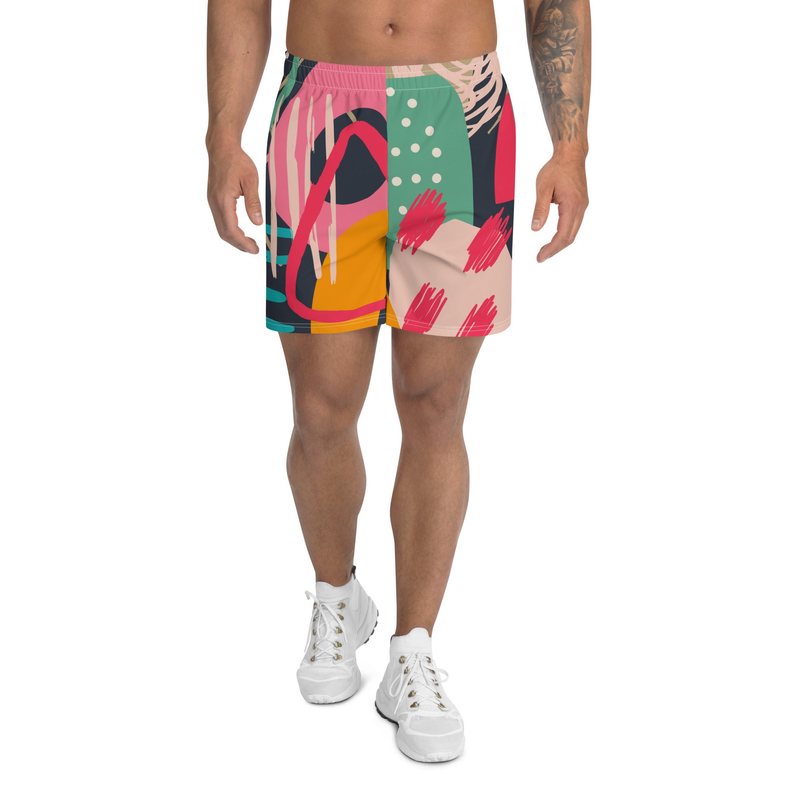 Men's athletic shorts with multicolor abstract shapes, elastic waistband, side seam