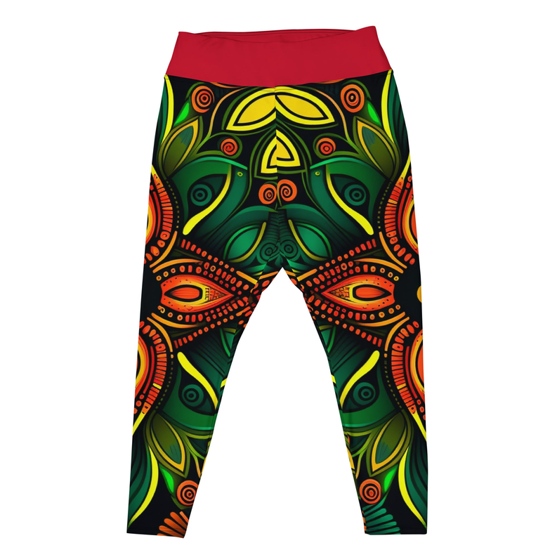 Patterned print leggings with red waistband, green yellow and orange ornate design