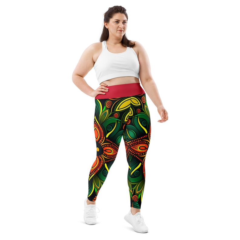 Full-length leggings with red waistband and vivid green, yellow, and orange folk pattern