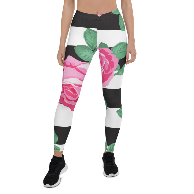 Floral print activewear leggings with black waistband, pink roses, green leaves