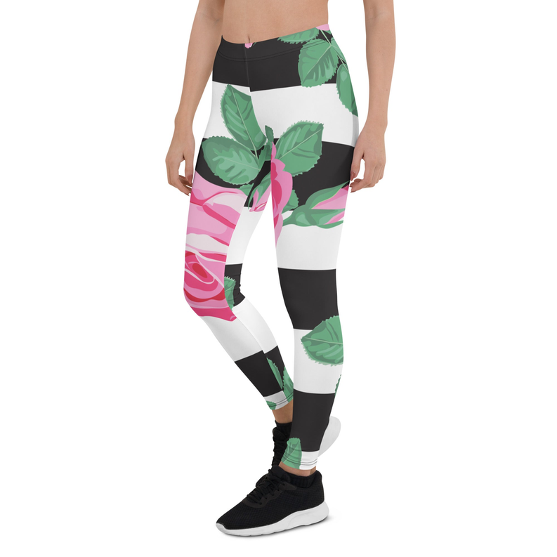 Floral print activewear leggings in black and white with pink roses, green leaves