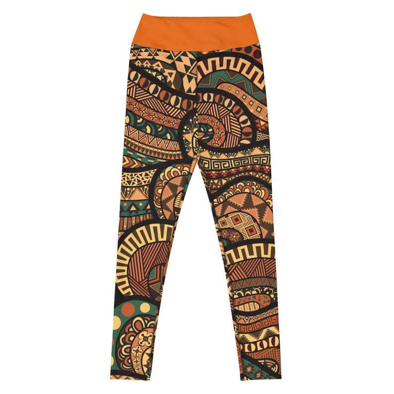 Women's yoga leggings with orange waistband and bold multicolor tribal geometric print