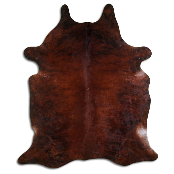 Brindle cowhide rug with natural hair, dark brown mottled pattern, irregular hide shape.