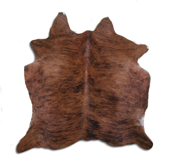 Medium brindle cowhide rug with natural hair, two-piece patchwork