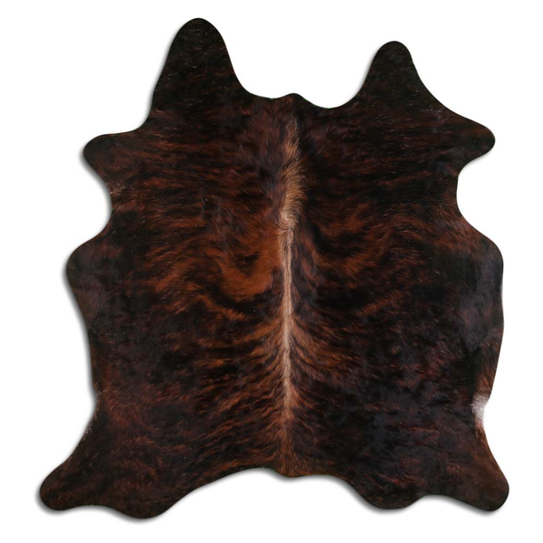 Brindle cowhide rug with natural hair, dark brown and reddish mottled pattern