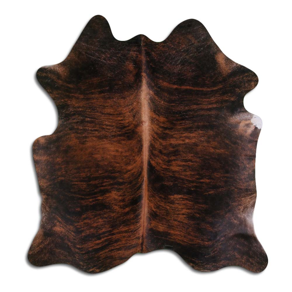 Brindle cowhide rug with natural hair, dark brown and brown striped pattern